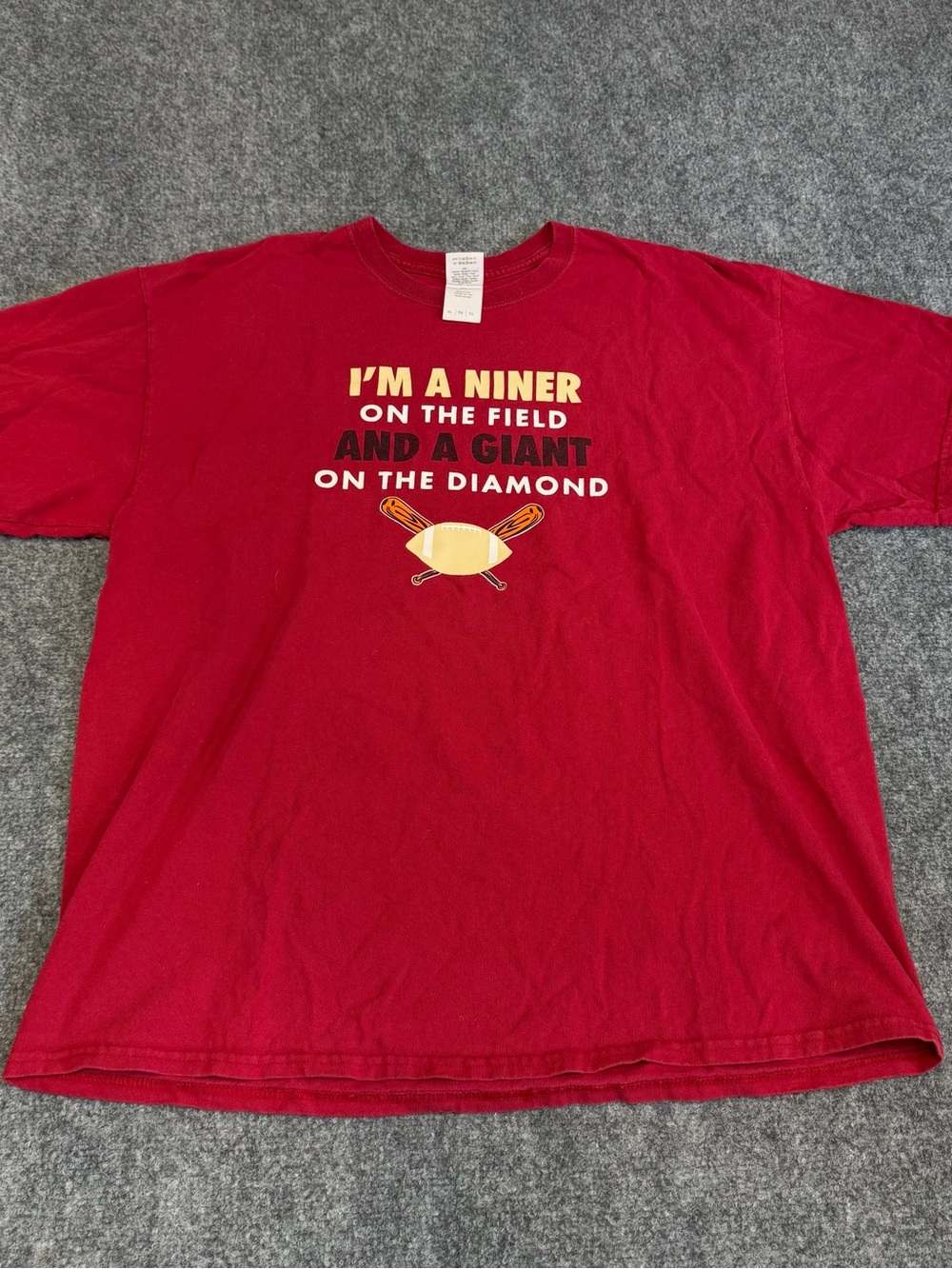 Gildan Red Short-Sleeve Graphic Tee with Yellow Print